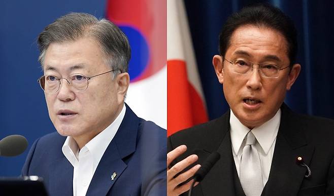 문재인 대통령(왼쪽)과 기시다 후미오 일본 총리/사진=뉴시스, AFP