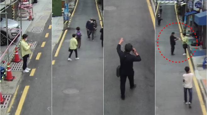 길거리 CCTV에 잡힌 대면편취 장면. 노란색 상의를 입은 여성(현금 수금책 피의자)이 스마트폰을 보며 누군가를 기다리고 있다. 이내 한 남성(피해자)이 전화통화를 하면서 여성에게 접근한다. 이후 이 남성은 가방에서 돈봉투를 꺼내 여성에게 건넨 뒤 사라졌다. 이들이 조우한 시간은 12초였다. [경찰청 제공]