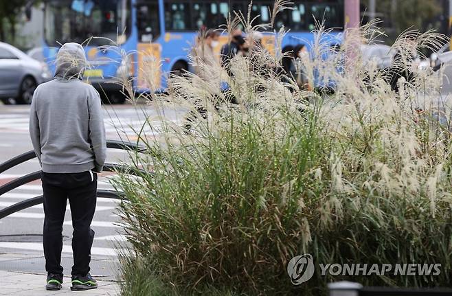 17년만의 10월 한파특보 (서울=연합뉴스) 서명곤 기자 = 전국 곳곳에 한파특보가 발령된 16일 오후 서울 시내 횡단보도에서  한 시민이 신호를 기다리고 있다. 
   이번 한파특보는 이날 오후 9시를 기해 발효된다. 
    서울에 10월 중 한파특보가 내려지는 것은 2004년 이후 17년만이다.  2021.10.16 seephoto@yna.co.kr