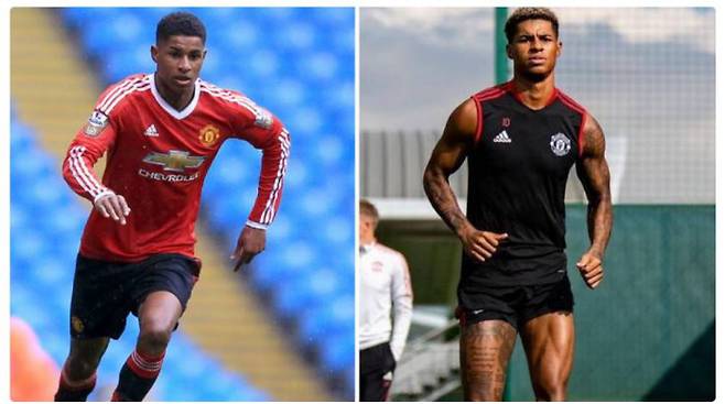 맨유 마커스 래시포드가 부상 전(왼쪽)과 달리 복귀 후 근육으로 한층 탄탄해진 몸매를 선보였다. 스포츠바이블 캡처