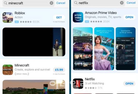 사진 상단의 파란 영역의 광고가 애플의 서치 애드다.(사진= FT 캡처)