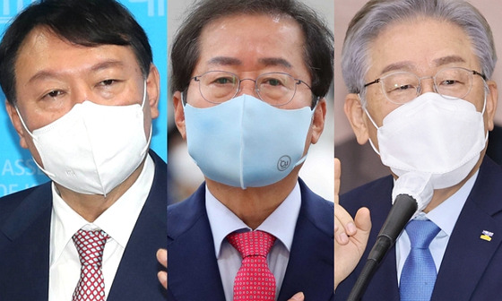 왼쪽부터 윤석열 전 검찰총장, 홍준표 국민의힘 의원, 이재명 더불어민주당 대선후보. 〈사진=연합뉴스〉