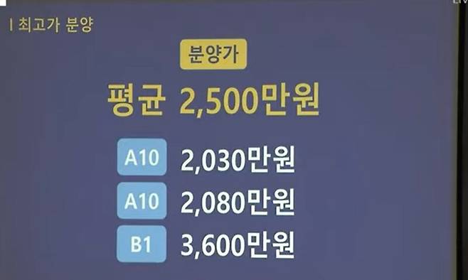 ▲박수영 국민의힘 의원이 18일 오후 국회 행정안전위원회 소관 경기도 국정감사장에서 제시한 대장동 아파트 평당 분양가 내역. 사진=MBC 영상 갈무리