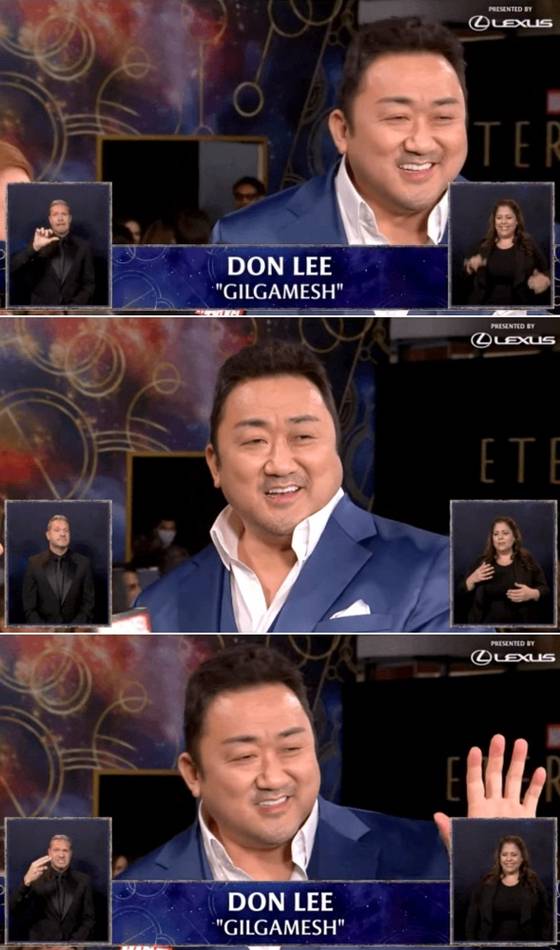 18일(현지시간) 미국 로스앤젤레스(LA)에서 열린 마블 영화 '이터널스' 월드 프리미어에 참석한 마동석. 〈사진=현지 영상 캡처〉