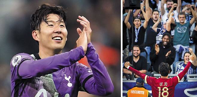 토트넘(잉글랜드)의 손흥민이 18일 뉴캐슬 원정 승리 후 손뼉을 치고 있다(왼쪽 사진). 손흥민은 이 경기에서 시즌 4호골을 터뜨렸다. 오른쪽은 보르도(프랑스)의 황의조가 낭트전에서 선제골을 넣고 홈 관중석을 바라보며 기뻐하는 모습. /AP·AFP 연합뉴스