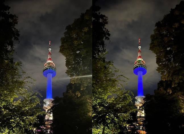 아이폰12 프로로 찍은 사진(왼쪽)은 가로수 빛 번짐이 심한 반면, 아이폰13 미니(오른쪽)로 찍은 사진은 빛 번짐이 거의 없었다. /사진=백유진 기자 byj@