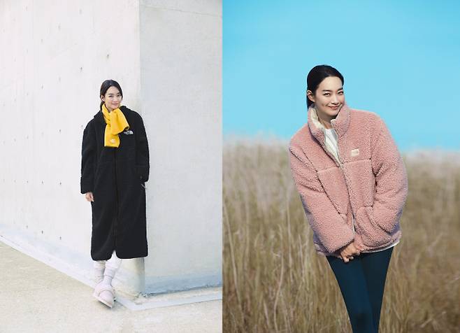 무릎 아래까지 내려오는 일명 ‘친환경 뽀글이’ 플레이 그린 플리스 코트(왼쪽 사진)와 우먼스 플레이 그린 플리스 재킷. 모두 제주에서 수거한 페트병을 리사이클링한 원단을 적용한 친환경 제품이다. 노스페이스 제공