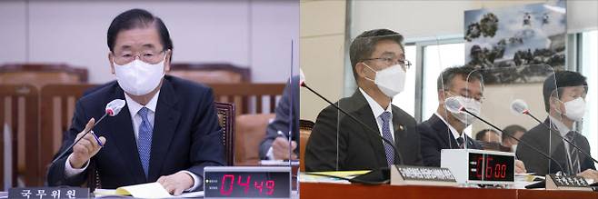 정의용(왼쪽) 외교부 장관과 서욱 국방부 장관이 21일 국회 외교통일위원회와 국방위원회 종합감사에서 의원들의 질의에 답변하고 있다. (사진=국회사진 기자단, 이데일리 노진환 기자)
