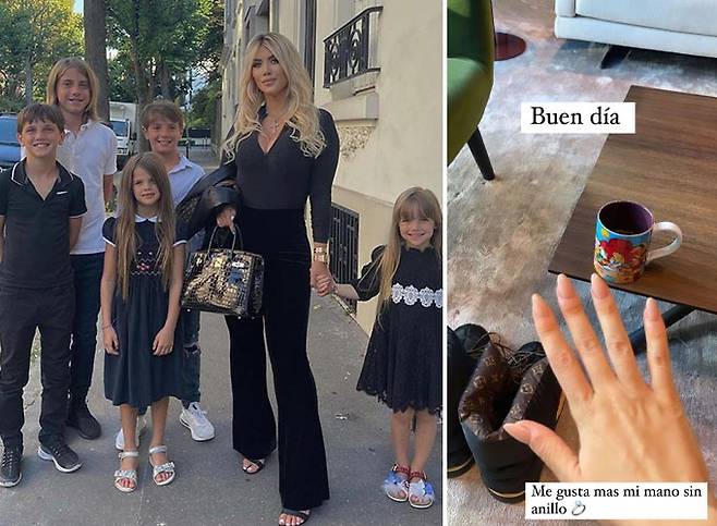 축구선수 마우로 이카르디가 공개한 가족 사진(왼쪽)과 그의 아내 완다가 공개한 반지를 뺀 손가락 사진./사진=마우로 이카르디, 완다 나라 인스타그램