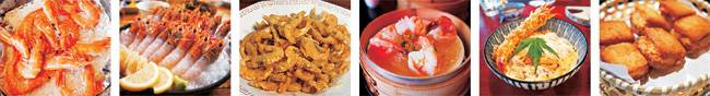 왼쪽부터 준우수산 생새우구이, 월령작야 닭새우 회, 야경 에비깡, 티엔미미 마을 새우찜, 오자와 에비텐동, 상해소흘 멘바오샤.