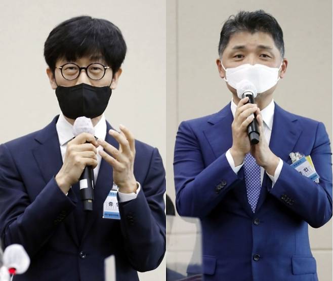 21일 오후 서울 여의도 국회에서 열린 과학기술정보방송통신위원회 종합감사에 출석한 이해진 네이버 GIO(왼쪽), 김범수 카카오 이사회 의장(오른쪽)