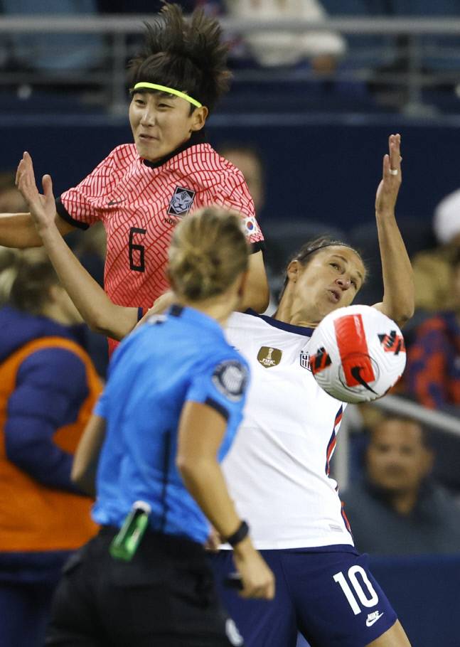 임선주와 로이드의 공중볼 다툼 모습. 캔자스시티 | AP연합뉴스