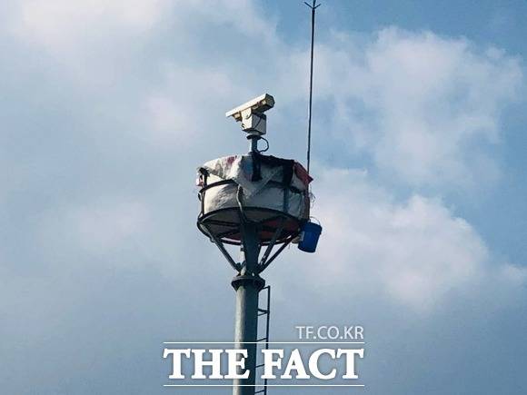 바람이 심해 이불등으로 관제탑을 감싸고 그 안에서 2명의 비대위원들이 22일 현재 고공농성을 벌이고 있다. / 대구 = 박성원 기자