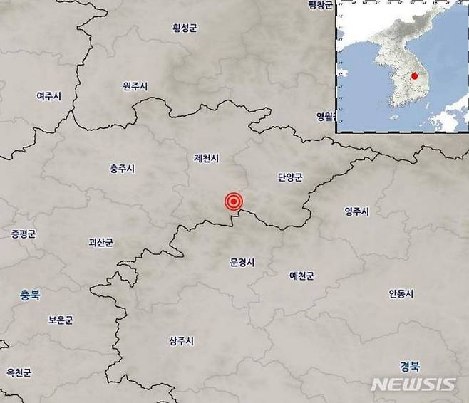 [청주=뉴시스] 안성수 기자 = 22일 오전 6시51분48초 규모 2.4 지진이 발생한 충북 제천시 남쪽 26㎞ 지역. (사진=기상청 제공) 2021.10.22. photo@newsis.com