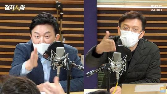 23일 MBC 라디오 '정치인싸'에서 원희룡(왼쪽) 국민의힘 대선 경선 후보와 현근택 이재명측 변호사가 '소시오패스 발언'과 관련해 격하게 설전을 벌이고 있다. MBC 정치인싸 방송 캡처