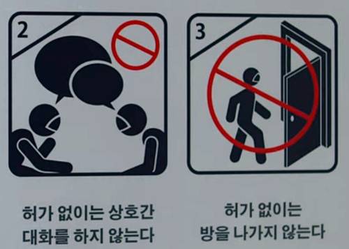 드라마 ‘오징어 게임’ 속 게임을 진행하는 일꾼들의 숙소 벽에 붙어 있는 업무 수칙 일부. 넷플릭스 화면 캡처