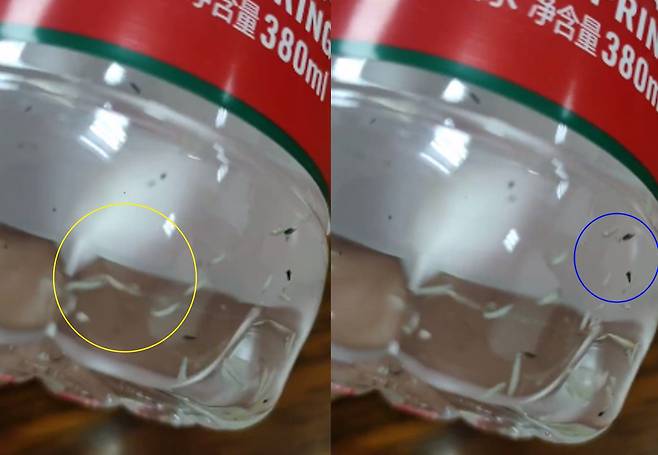 중국 후베이성 우한시에 거주하는 20대 여성 샤오장이 현지 소셜미디어 웨이보에 올린 영상 중 한 장면. 하얀색 이물질(노란색 원)과 검은색 이물질(파란색 원)이 확인된다. 영상에 따르면 이 생수병은 새것이다. /웨이보
