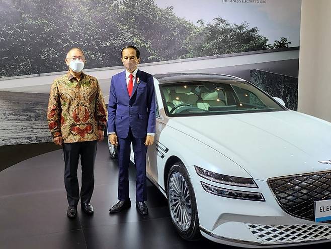 정의선 현대차그룹 회장(왼쪽)이 조코 위도도 인도네시아 대통령과 함께 제네시스 G80 전동화 모델 앞에서 기념 촬영을 했다.