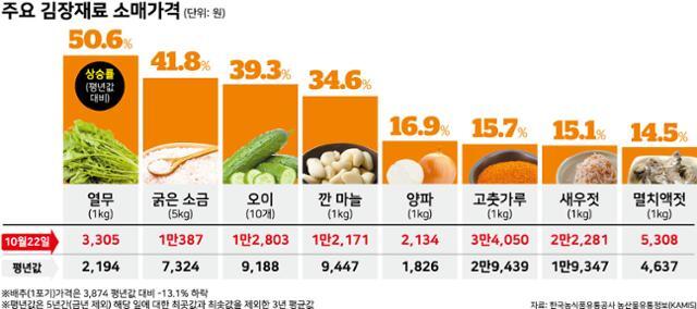 주요 김장재료 소매가격. 그래픽=강준구 기자