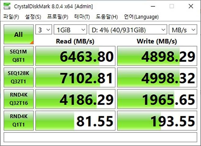 '크리스탈디스크마크' 테스트 결과. 인텔 i9-11900K, 에이수스 막시무스 XII 히어로 메인보드, 지스킬 트라이던트 DDR 32GB 시스템에서 테스트했다