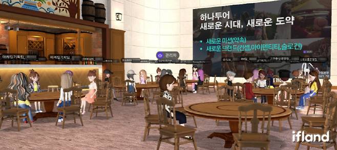하나투어가 메타버스 플랫폼에서 CI와 미션 변경, 모바일 앱 개편 등을 교육하는 워크숍을 진행했다. [사진 = 하나투어]