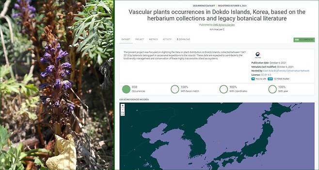 산림청 지정 희귀식물인 초종용(왼쪽)과 GBIF 누리집 화면 *재판매 및 DB 금지
