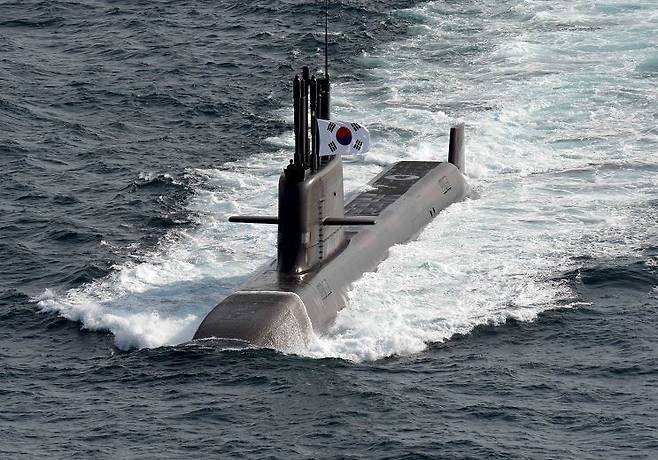 South Korea reveals its first 3,000-ton class homegrown submarine capable of carrying ballistic missiles on August 13, 2021. (South Korea’s Navy)