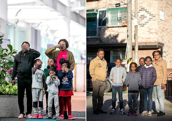 (왼쪽) 2019년 3월 입국이 거절 당해 공항 출국장에서 생활하던 루렌도 가족은 당시 신분 노출 위험으로 얼굴을 가려야 했다. (오른쪽) 안산에 정착한 후 지난 10월 8일 난민 인정을 받은 루렌도 가족이 얼굴을 드러내고 카메라 앞에 섰다. 그 사이 아이들은 훌쩍 자랐다.​​​​​​​ⓒ시사IN 신선영