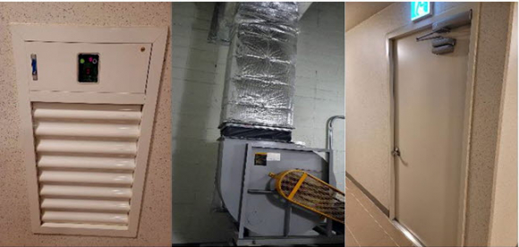 제연설비 (왼쪽부터) 급기 가압댐퍼, 송풍기, 계단실 출입물 자동폐쇄장치. ⓒ대구안실련 제공