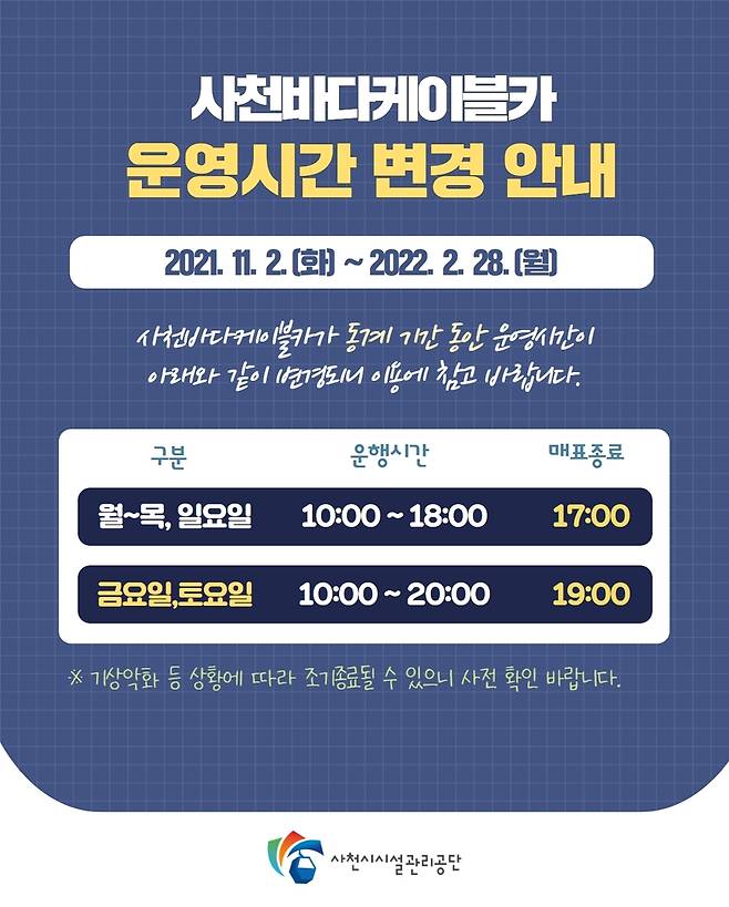 사천바다케이블카 운영시간 단축 [사천시시설관리공단 제공. 재판매 및 DB 금지]