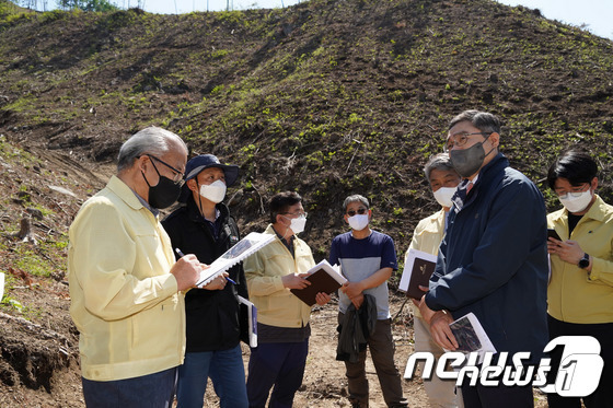 최병암 산림청장이 지난 5월 충북 제천시 봉양읍 벌채 현장을 찾아 제천시 관계자들과 현장을 둘러보며 벌채 현황을 점검하고 있다. 산림청 제공.© 뉴스1