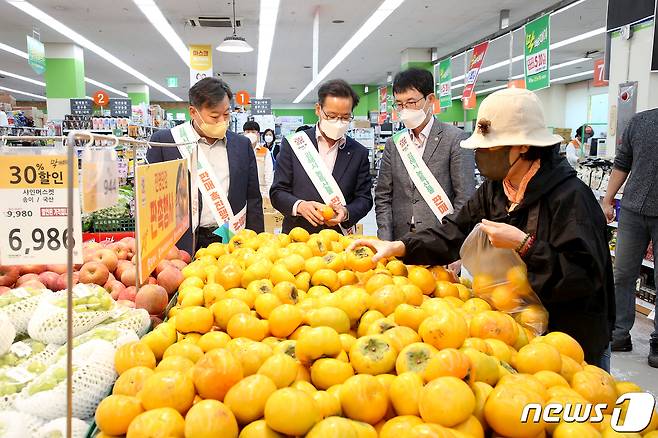 영남권 탑마트 75곳에서 진영단감 소비 촉진을 위한 동시 판촉행사를 개최한다. 사진은 판촉행사 현장. (김해시 제공) © 뉴스1