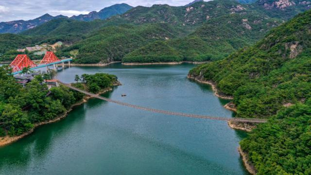 청풍호 출렁다리 전경. 남한강에 출렁다리가 설치된 것은 처음이다. 이 다리 설치로 청풍호와 옥순봉의 수려한 풍경을 더 가까이서 즐길 수 있게 됐다. 제천시 제공