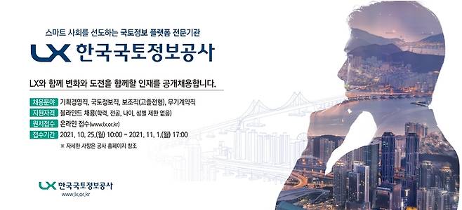 [전주=뉴시스] 강명수 기자 =한국국토정보공사(LX)는 하반기 신입사원 채용 절차에 돌입했다고 27일 밝혔다. (사진 =한국국토정보공사 제공) 2021.10.27. photo@newsis.com *재판매 및 DB 금지