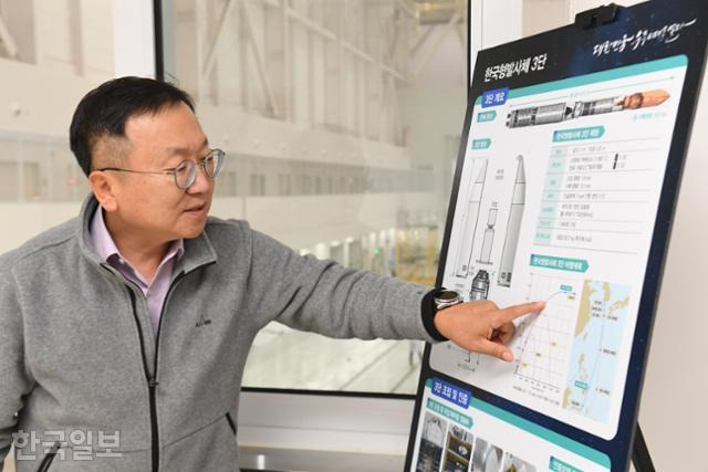 27일 전남 고흥군 나로우주센터에서 고정환 한국항공우주연구원 한국형발사체개발사업본부장이 누리호 발사 궤적을 설명하고 있다. 고흥=배우한 기자