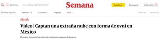 콜롬비아 매체 레비스타 세마나는 지난 29일(한국시각) 멕시코 하늘에 UFO 모습의 구름이 등장했다고 전했다. /사진=콜롬비아 매체 레비스타 세마나 홈페이지 캡처