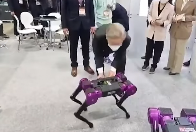 이재명 더불어민주당 대선 후보가 지난 28일 경기 고양시 킨텍스에서 열린 '2021 로보월드'에서 사족보행 로봇을 뒤집어 넘어뜨리고 있다. /사진=이 후보 페이스북