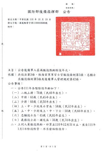 대만 국방부 예비군 지휘부의 2022년도 예비군 편성 해제 공고 [타이베이시정부 병역국 캡처. 재판매 및 DB 금지]