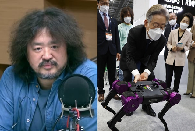 방송인 김어준(왼쪽 사진)과 사족보행 로봇 살펴보는 이재명 후보. TBS 제공, 연합뉴스