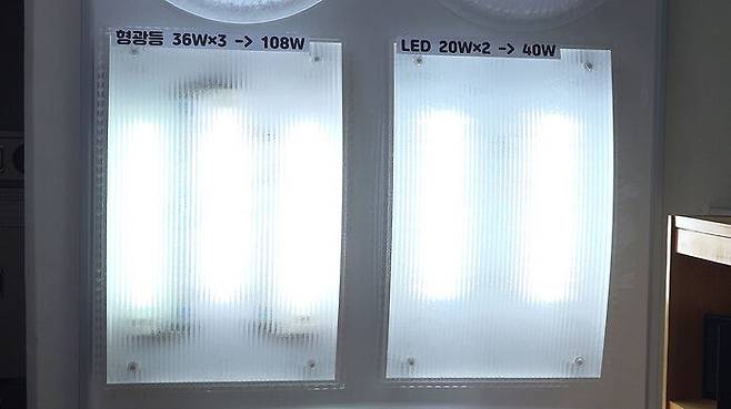 송진국 회장이 아파트 내 교육장에 설치된 형광등과 LED 등의 밝기를 비교해 보여주고 있다. 왼쪽 형광등의 경우 36W*3개=108W인 반면 오른쪽 LED 등은 20W*2개=40W이다. 하지만 밝기는 오히려 LED쪽이 더 환하게 보인다.