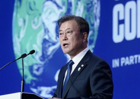 President Moon Jae-in gives a keynote address at the 26th United Nations Climate Change Conference (COP26) at the Scottish Event Campus (SEC) in Glasgow, Scotland on November 1 (local time). Yonhap News