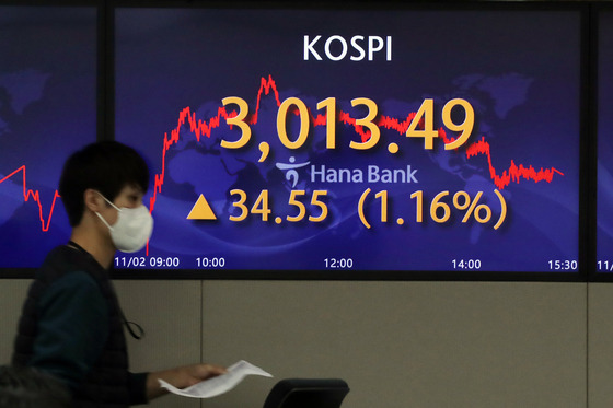 A screen at Hana Bank's trading room in central Seoul shows the Kospi closing at 3,013.49 points on Tuesday, up 34.55 points, or 1.16 percent, from the previous trading day. [NEWS1]