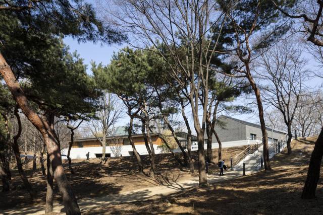 연세대의 대표적 녹지 공간인 청송대에서 바라본 연세대 법인본부 모습. 주변 환경과 융화되도록 석재와 나무·유리를 활용해 건물을 마감했다./ 사진 제공=남궁선 사진작가