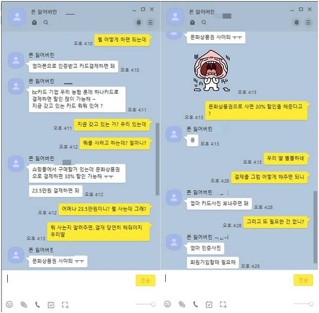 일당은 온라인 쇼핑몰에서 무언가 사야 한다며 신용카드 사진과 주민등록증 사진을 요구했다./사진=김성진 기자