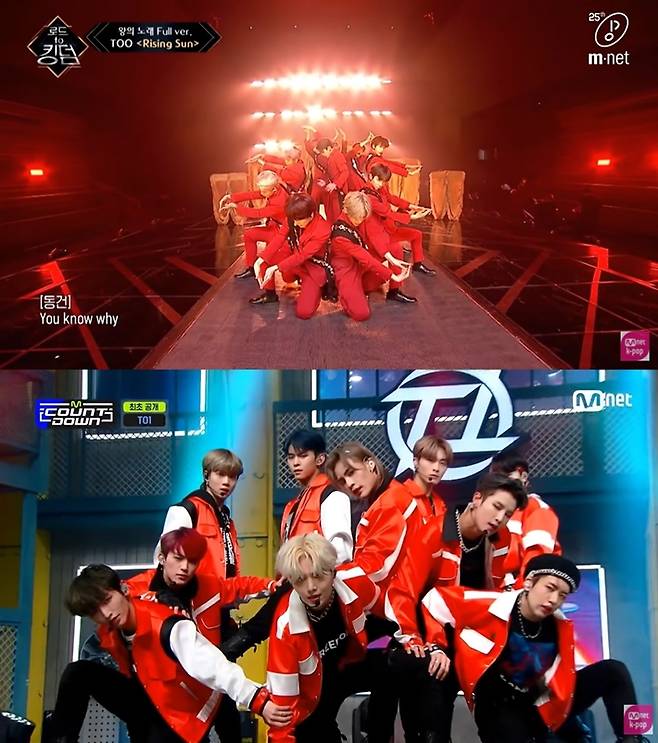 티오원이 만족했다고 밝힌 무대. 위는 '로드 투 킹덤'에서 선보인 '라이징 선' 무대, 올해 5월 발매한 미니 1집 '리본' 타이틀곡 '선 오브 비스트' 컴백 무대. 각 방송 캡처