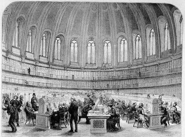 ▲19세기 영국 대영박물관 도서관 열람실(영국국립도서관의 전신). 19세기 에칭(etching)화