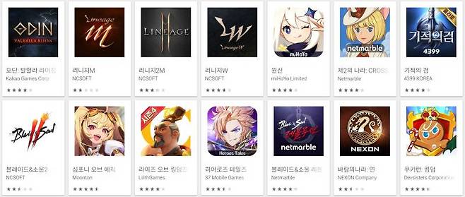 구글플레이 매출순위(자료 출처-구글플레이)
