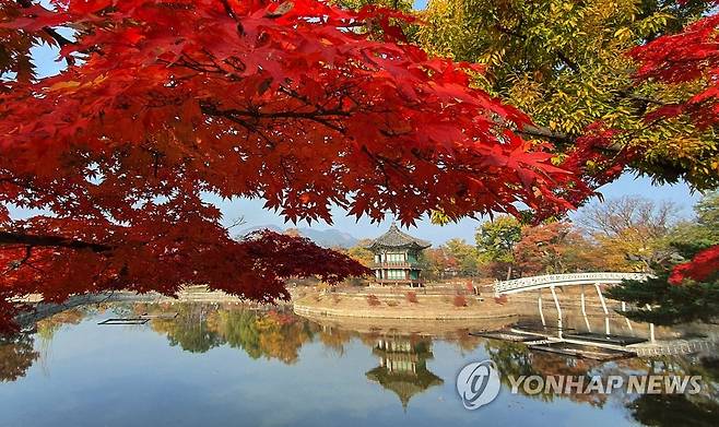 가을 속 경복궁 향원정 (서울=연합뉴스) 한상균 기자 = 5일 경복궁 향원정 모습. 이날 문화재청 궁능유적본부는 복원 공사를 마친 향원정을 공개했다. 2021.11.5 xyz@yna.co.kr