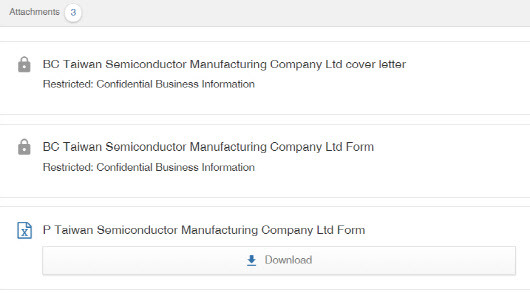 TSMC가 미 상무부에 제출한 자료. 비공개 파일 2개와 공개 파일 1개를 올렸다.