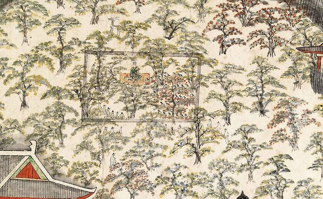 조선시대 탐라순력도 '귤림풍악' 일부분 (제주=연합뉴스) 조선 숙종 1702년 제주목사로 부임한 이형상이 화공 김남길에게 남기도록 한 채색 화첩 '탐라순력도' 귤림풍악의 일부분을 확대한 그림. 귤나무숲에서 목사가 풍악을 즐기는 모습이 담겨있다. 2021.11.7 [제주도 제공, 재판매 및 DB 금지]